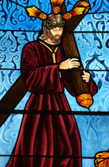 San Jeronimo's church. Stained glass.  Jesus carrying his cross.   Madrid. Spain.