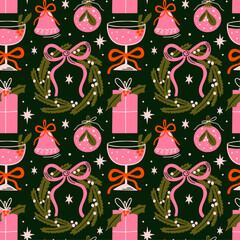 Materiał do szycia Merry Christmas vector seamless pattern with colorful groovy funky cartoon illustration of bauble, ornaments, mistletoe wreath, cocktail drink, gift, xmas holiday decor elements for design