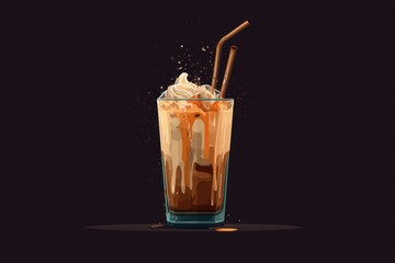Iced coffee drink with whipped cream and caramel drizzle in a glass
