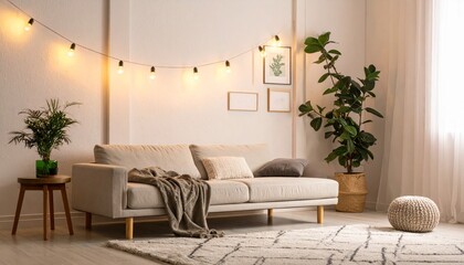 Fototapeta premium Cozy Living Room with Natural Decor and Warm String Lights
