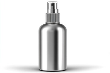 Silver metallic spray bottle on white background