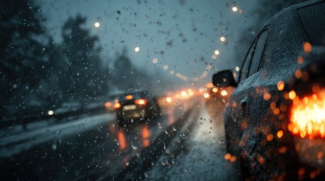 Driving through a rainstorm at dusk, visibility is reduced during the ride