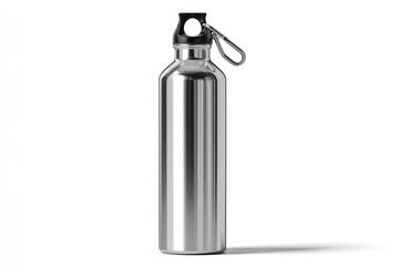Sleek, silver, cylindrical water bottle with a black top and carabiner