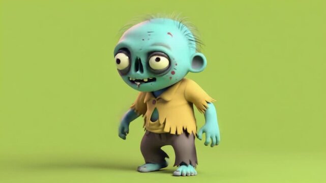 Cartoon style zombie character with blue skin and yellow shirt on a green background is standing green screen video
