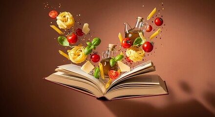 Vibrant Italian cooking concept with fresh ingredients like pasta, tomatoes, basil, olive oil, and parmesan dramatically floating out of an open recipe book, symbolizing culinary inspiration.