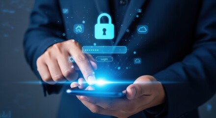 A person uses a smartphone to log in with a digital padlock and cloud icons surrounding them