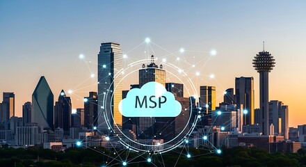 Modern city skyline glows with connected MSP cloud technology, promising innovative solutions for business growth and efficient IT management