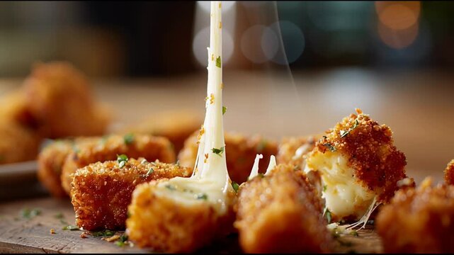 Golden fried mozzarella stick appetizer, delicious food with satisfying crispy pull and gooey melted cheese
