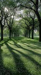 Tranquil Sunlit Pathway Through Lush Green Trees Casting Gentle Shadows on Blooming Grass
