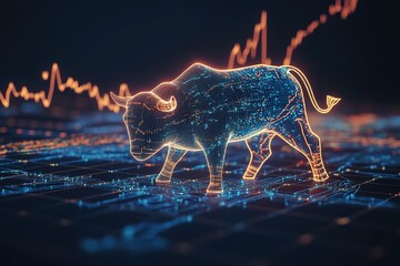 A 3D rendering of a stock market bull symbol next to an upward trending graph.