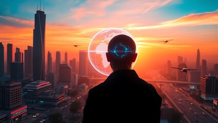 Man with glowing brain interface overlooking futuristic cityscape at sunset with aircrafts flying