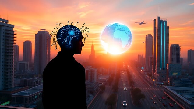 Silhouette of a person with a digital brain overlay looking over a futuristic cityscape at sunset
