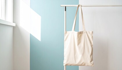 Beige Cotton Tote Bag Mockup on Peg Rail