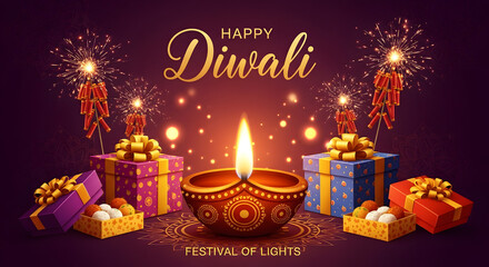 Happy diwali celebration with diya, gifts, firecrackers and sweets on a dark purple background