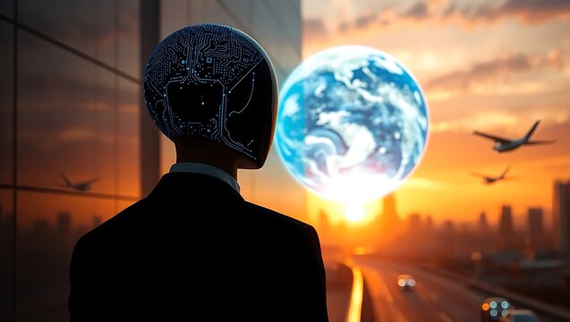 Android looks at earth globe at sunset in city with airplanes and highway traffic in foreground
