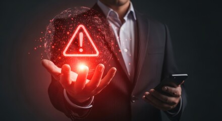 A businessman in a suit holds a glowing digital globe with a red warning sign