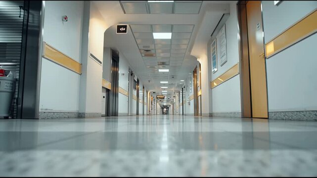Quiet empty hospital corridor hallway from low angle perspective, view of sterile floor creating somber mood