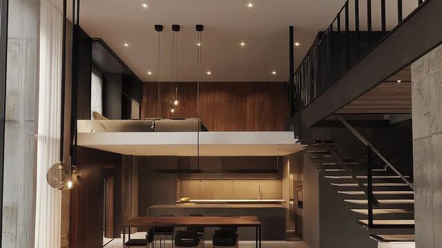 Modern open plan living room with loft and staircase
