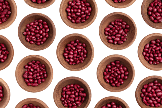 Small wooden bowls, filled with vibrant red beans, arranged in a repeating pattern on a black background