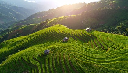 Fototapeta premium Aerial View of Lush Green Rice Terraces on Rolling Hills