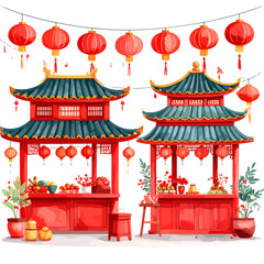 Fototapeta premium Chinese New Year festive market stalls with lanterns and decorations.
