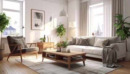 Fototapeta premium Modern Living Room Interior with Natural Light and Green Plants