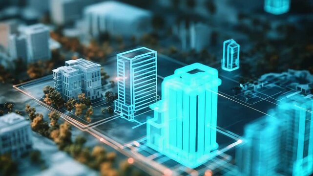 Futuristic buildings appearing over a miniature city model