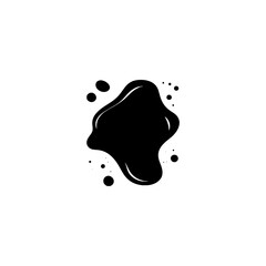 Abstract black ink blot or liquid splash graphic design element on a white background, resembling a paint drip or stain.