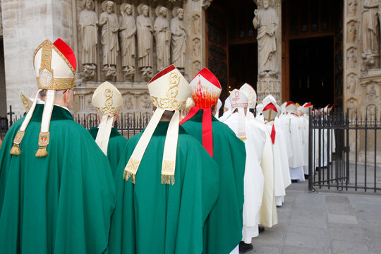 European bishops' procession into Notre Dame de Paris cathedral.  Paris. France.