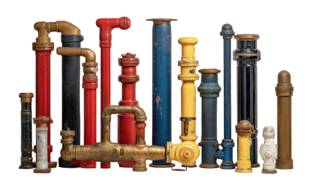 Collection of antique plumbing pipes and fittings in various colors and styles