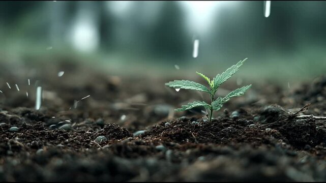 Hopeful new life begins for delicate plant sprout. Gentle water promotes amazing growth in rich soil, true miracle of nature