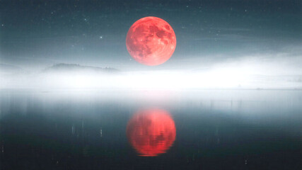 Red Moon Stunning blood moon reflected in serene waters under a starry sky, perfect for fantasy novels, mystical themes, or cosmic events with a touch of tranquil beauty