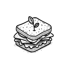 Hand-drawn illustration of a sandwich with a sprout on top, showing detailed bread texture and fillings.