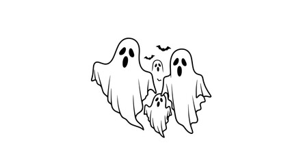 Obraz premium Spooky season fun with a family of friendly ghosts and bats for Halloween decorations and party invites