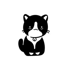 A simple black and white cartoon illustration of a cute sitting tuxedo cat wearing a collar with a bell.
