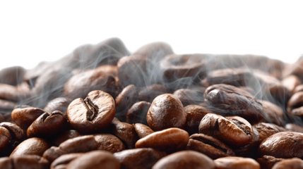 aromatic roasted coffee beans with warm steam isolated on white