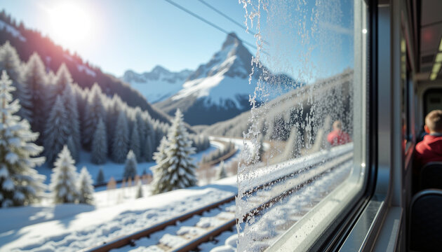 Scenic winter train ride through snow-covered mountains and pine trees  