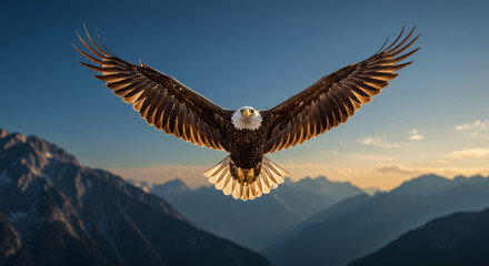 Obraz premium Majestic Bald Eagle Soaring Above Mountain Peaks.