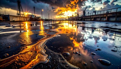 Stunning Sunset Reflections on Wet Pavement After a Stormy Day