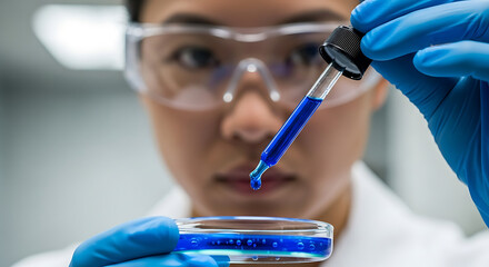Asian scientist working with a petri dish and pipette in a laboratory setting