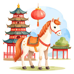 Cute cartoon white horse with orange mane and saddle.