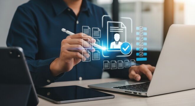 A person uses a stylus to interact with a digital interface showing document icons and a checklist on a laptop - Powered by Adobe