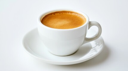 Fototapeta premium White cup of hot coffee with foam on saucer isolated on light background morning drink cafe concept