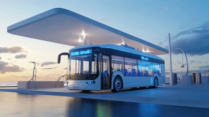 Electric bus charging at modern station with blue lights during sunset in clean urban city environment