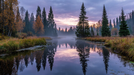 Peaceful autumn sunrise landscape with misty river, evergreen forest, colorful foliage, rocky riverbank, and camping tent in nature wilderness at dawn