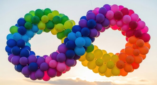 Rainbow balloon infinity symbol floating against a bright sky background