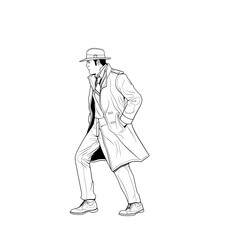Side view of a man in a trench coat and hat, walking.
