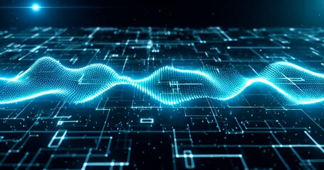 Futuristic digital data stream with glowing neon circuit board animation - Powered by Adobe