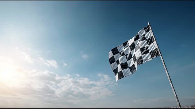 Triumphant checkered flag waving in wind against blue sky, powerful symbol of victory at race finish