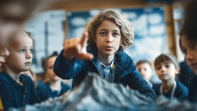 Elementary school students watching volcanic eruption science project, teacher explaining geology concept, classroom filled with curious children, educational